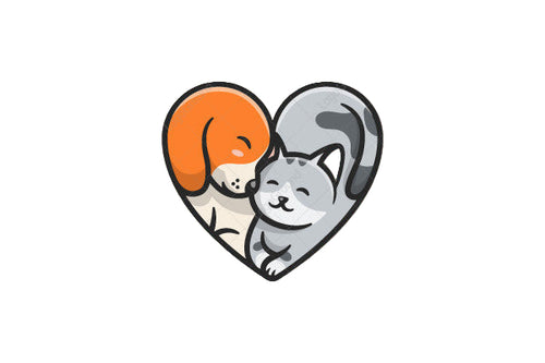 Illustration of a dog and cat inside a heart on a pink background
